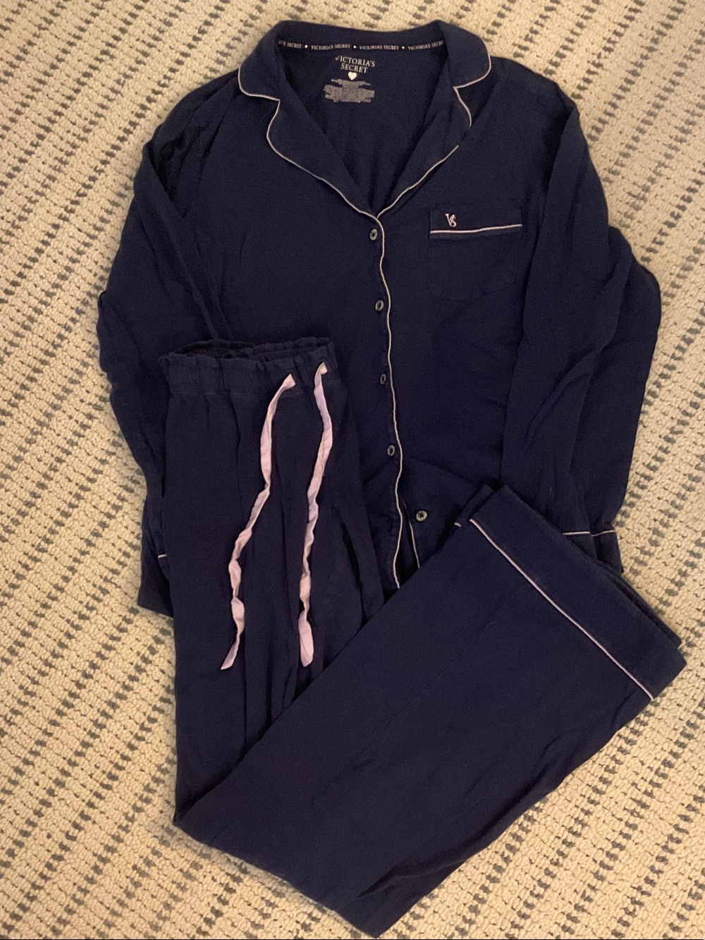 Victoria's Secret Navy Pajama Set with Light Pink Trim